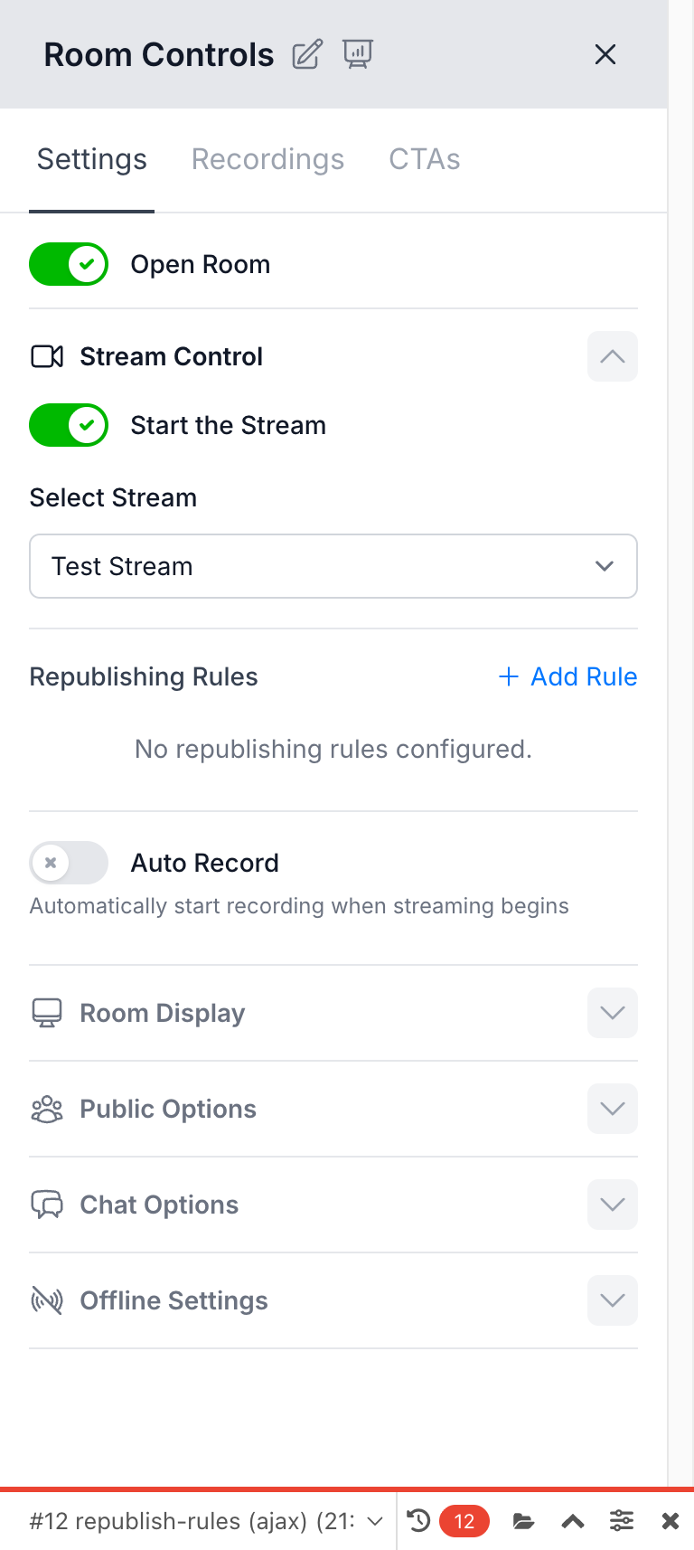 Room Controls panel showing Settings tab with Stream Control section