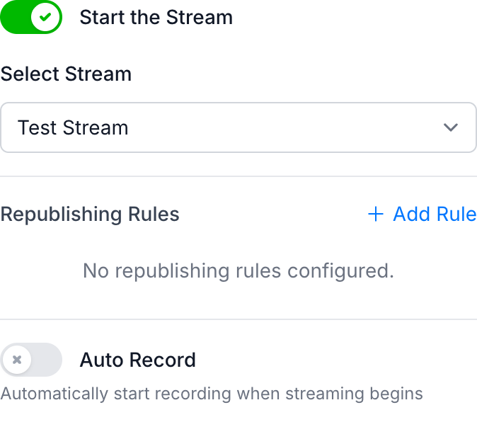 Stream Control section showing the Auto Record toggle