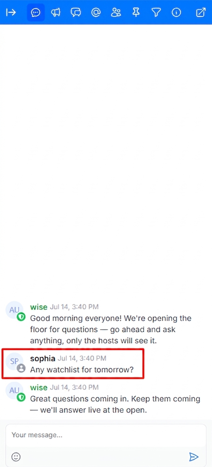 Attendee chat view showing only moderator messages and the attendee's own message