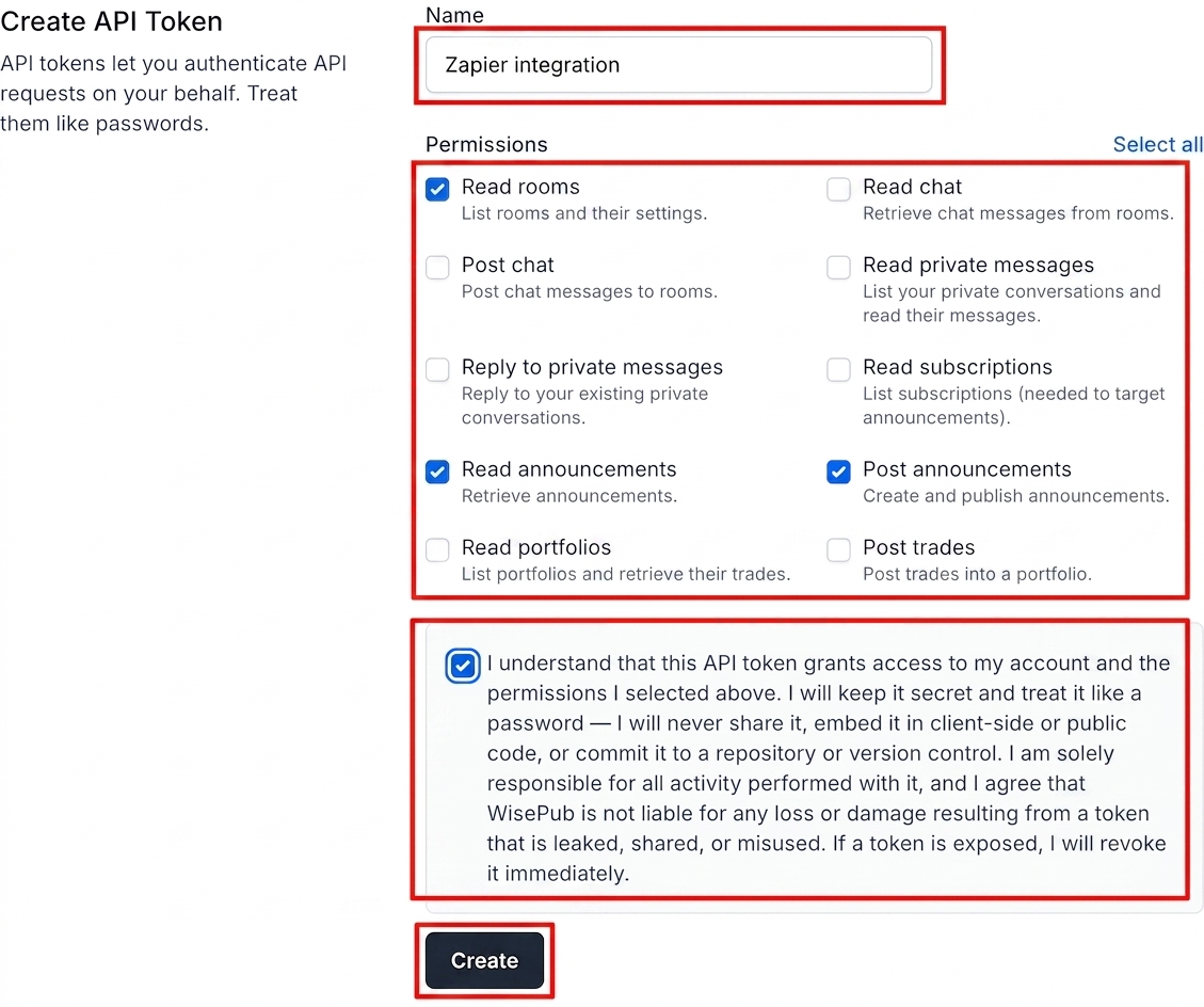Create API Token form with Name, Permissions, terms, and Create button