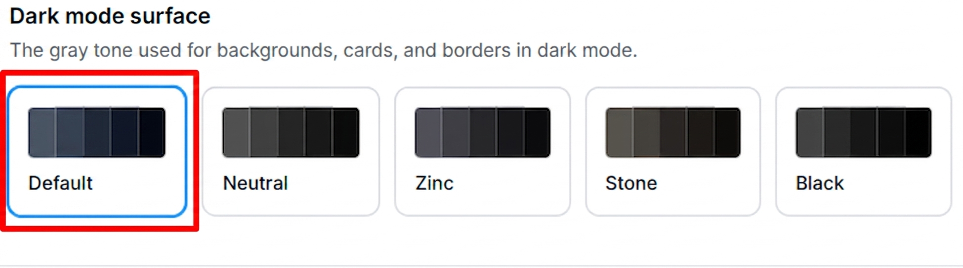 Row of five surface preset buttons with the currently selected one outlined in the Primary colour