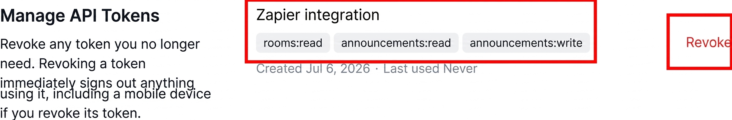 Manage API Tokens list with a token, its permission tags, and the Revoke button