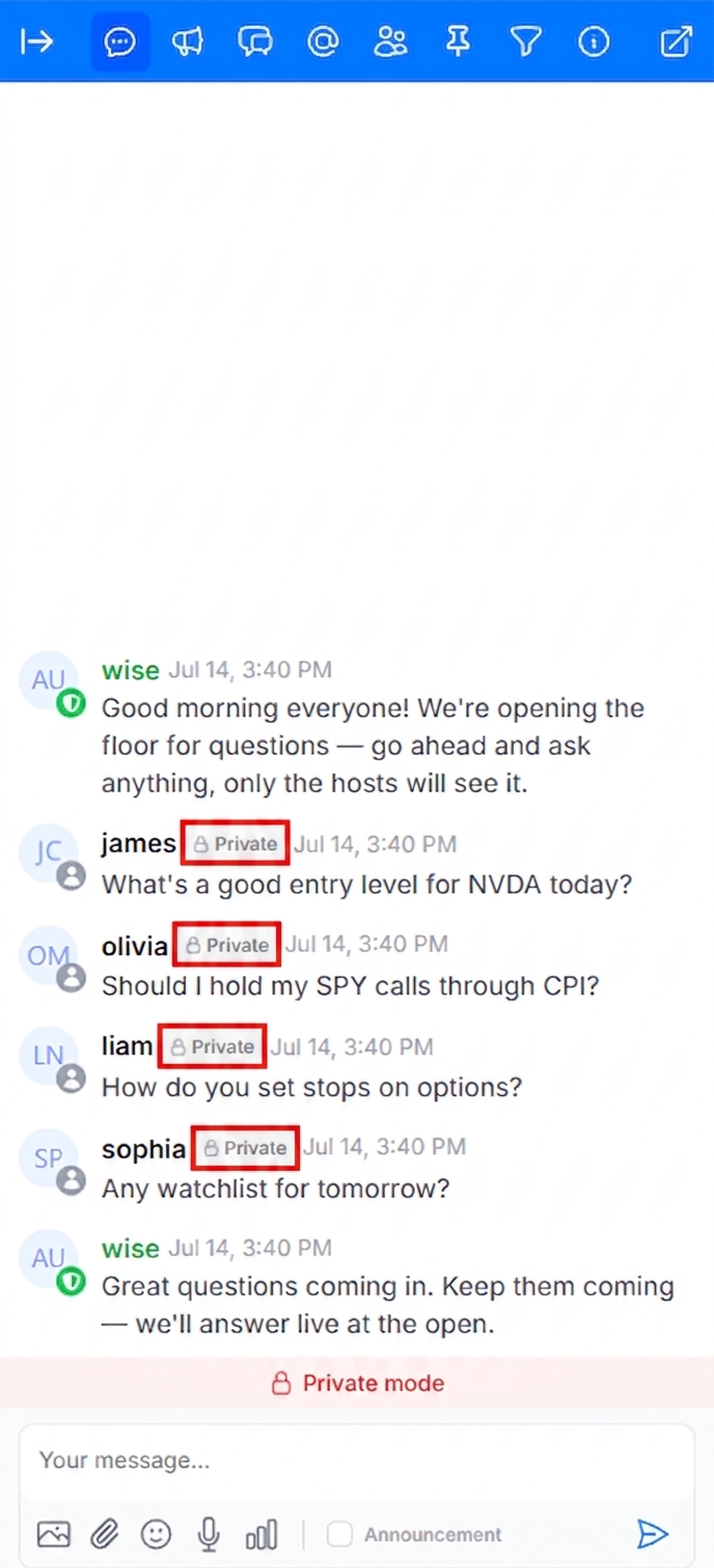 Moderator chat view showing multiple attendee private messages alongside public moderator messages