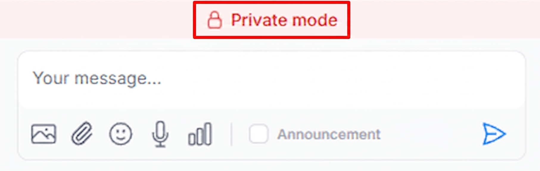 Red Private mode banner with padlock icon above the chat message input
