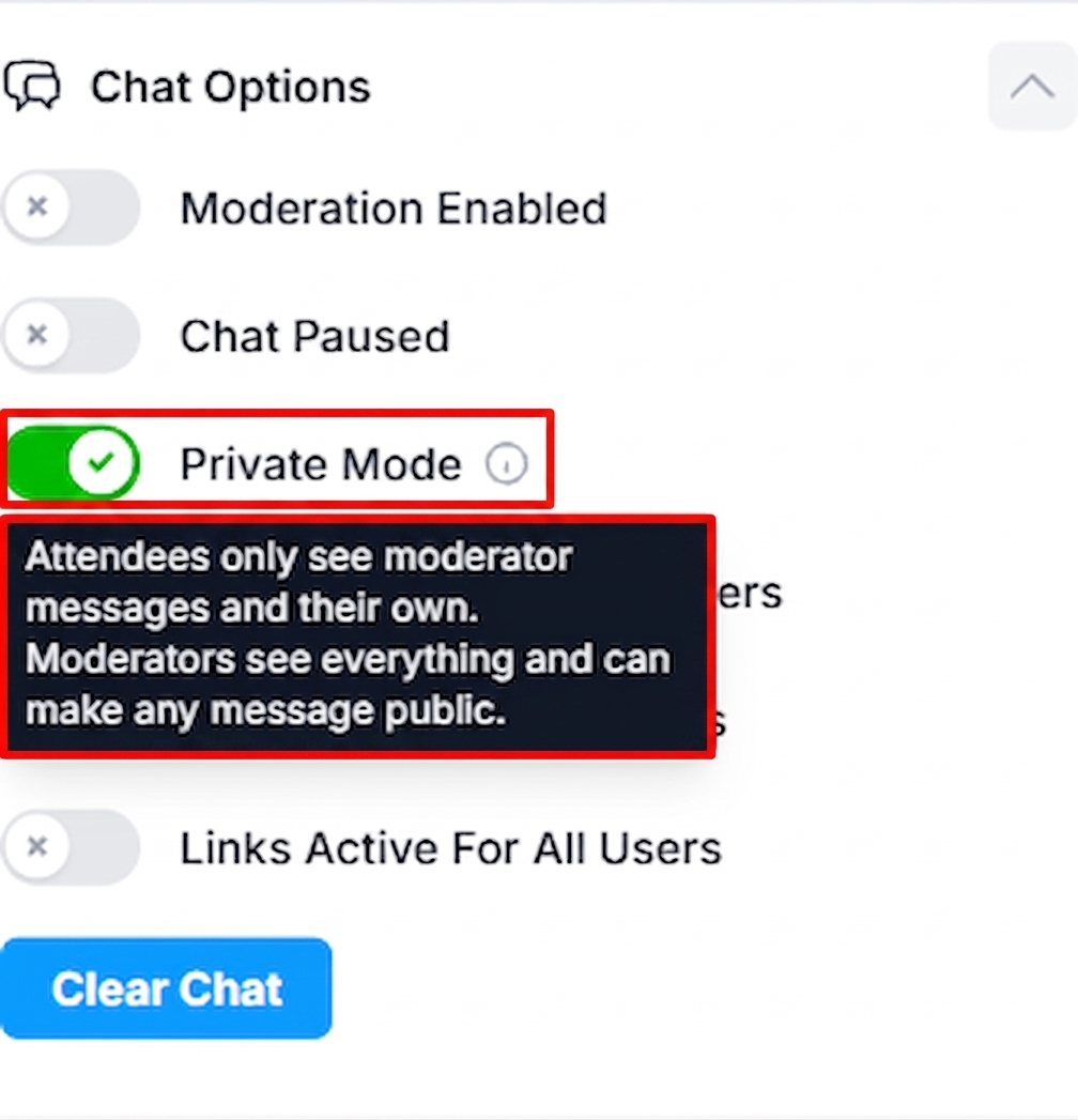 Private Mode toggle switched on with tooltip visible
