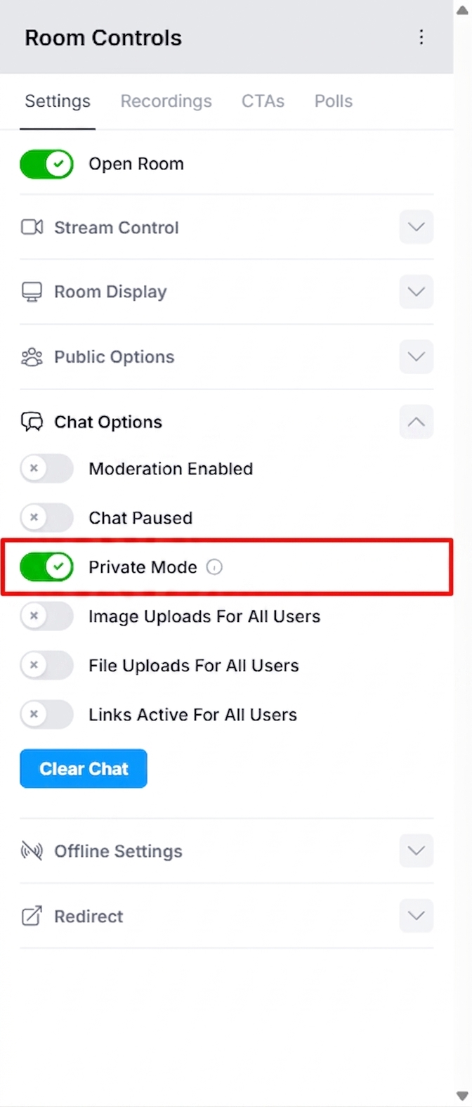 Settings slide-over panel open in a room, showing chat toggles including Private Mode