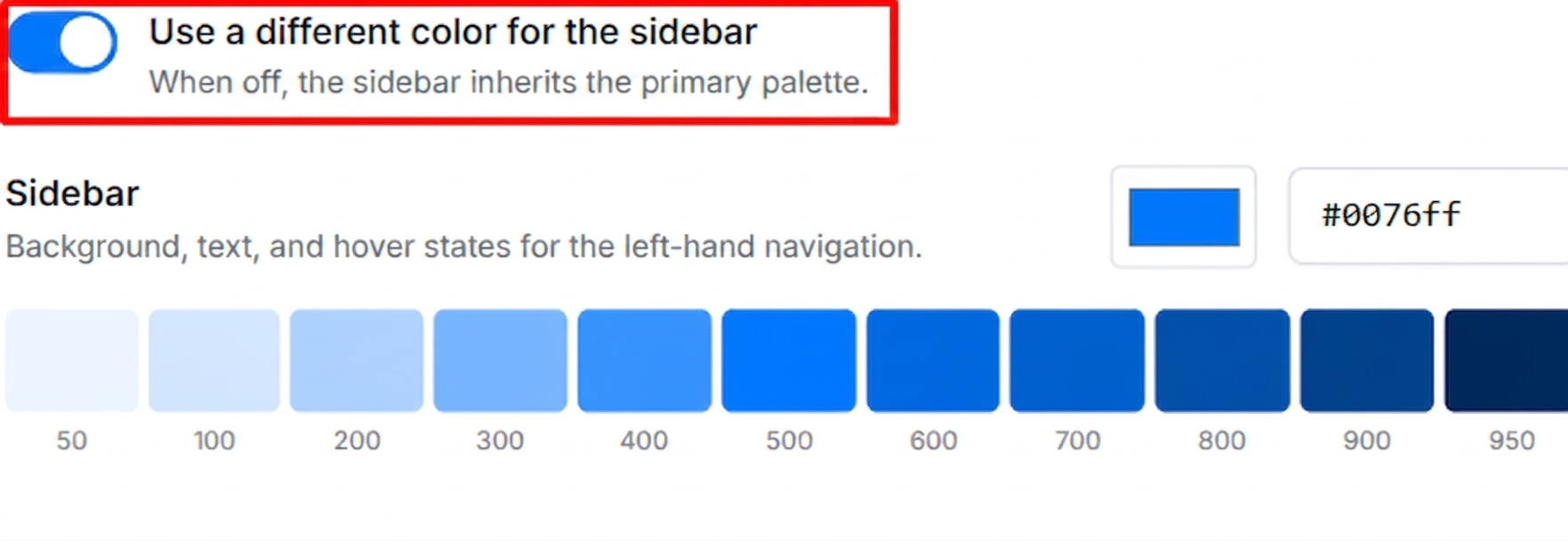 Sidebar override toggle switched on, revealing the Sidebar colour picker with its own ramp