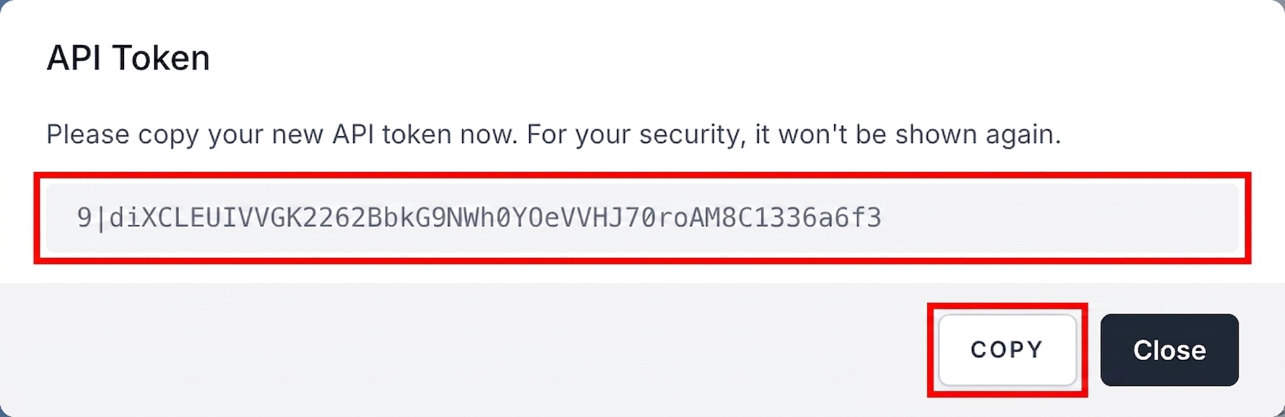 API Token reveal modal with the token value and Copy button