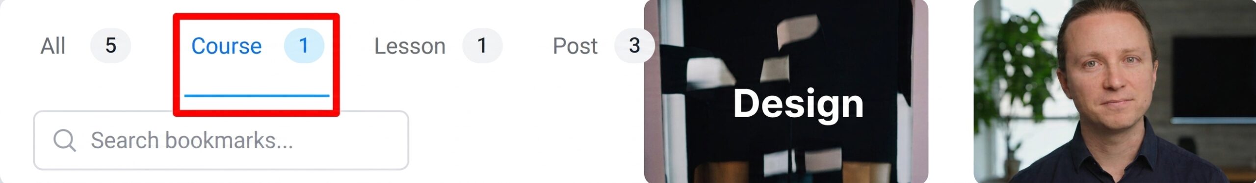 Bookmarks filter tabs with active Course tab highlighted
