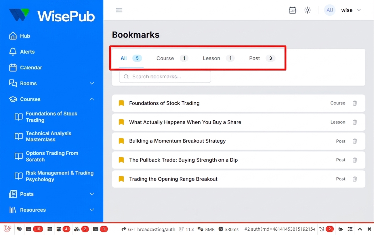Bookmarks page with saved items and filter tabs